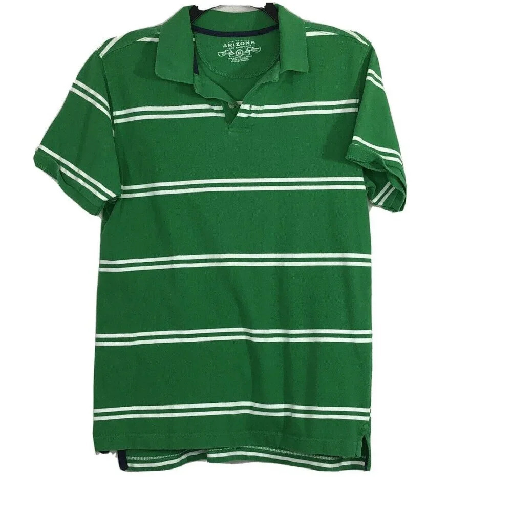 Arizona Collared Polo Shirt Boys Size XL Green White Stripe Short Sleeve